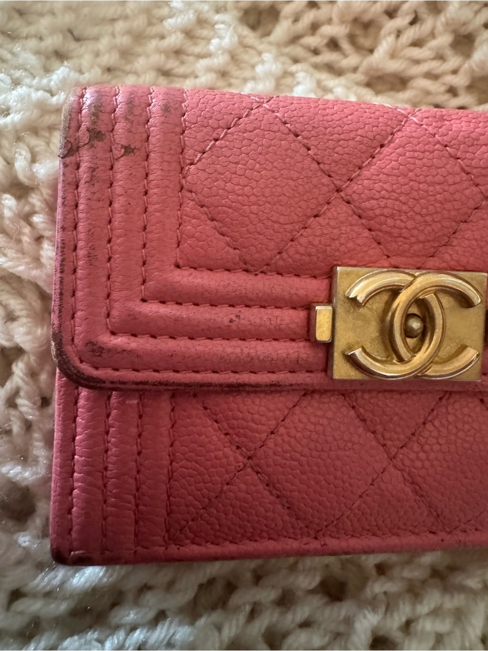 Authentic Chanel Boy Pink Caviar Leather Trifold Wallet Aged Gold Hardware - Picture 4 of 16